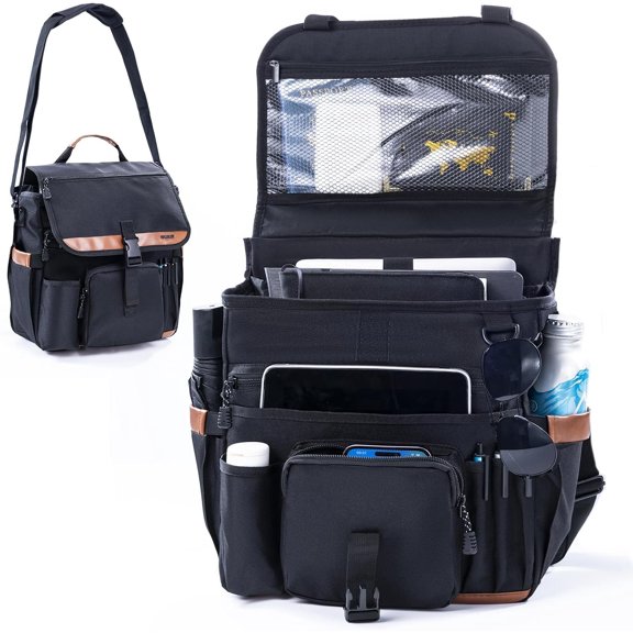 Seat Organizer with Lid and Laptop Compartment (Fits 15.6"), Front Seat Passenger Organizer with Adjustable Strap, Multiple Pockets, Portable Office Bag, Water-Resistant 1200D Polyester