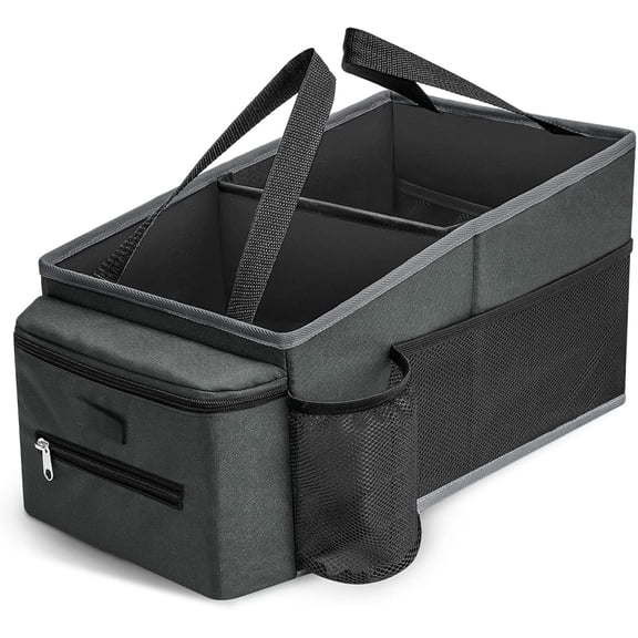 Seat Organizer - Road Trip Essentials , Automotive Organization Accessories for Women Men Interior with Cup Holders, Tissue Box, Mesh Pockets, Grey