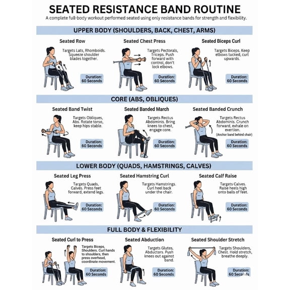 Seat Resistance Band Exercise Routine Poster, Arm, Leg, Gluteal Muscle Poster, Full Body Exercise Table Poster For Back And Core, Home Exercise Plan Poster