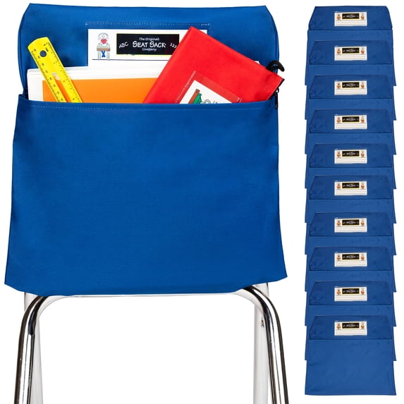 Seat Sack Student Chair Storage Pocket - 12", Single Pocket, Classroom Organizer for Student Desks, Durable Over-the-Chair Storage, Blue, 10-Pack