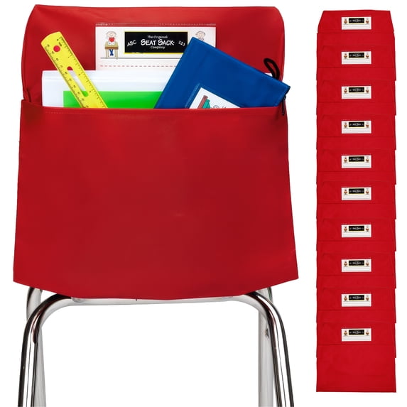 Seat Sack Student Chair Storage Pocket - 12", Single Pocket, Classroom Organizer for Student Desks, Durable Over-the-Chair Storage, Red, 10-Pack