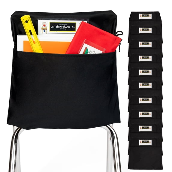 Seat Sack Student Chair Storage Pocket - 19", Single Pocket, Classroom Organizer for Student Desks, Durable Over-the-Chair Storage, Black, 10-Pack