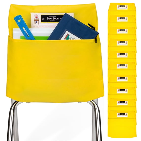 Seat Sack Student Chair Storage Pocket - 19", Single Pocket, Classroom Organizer for Student Desks, Durable Over-the-Chair Storage, Yellow, 10-Pack