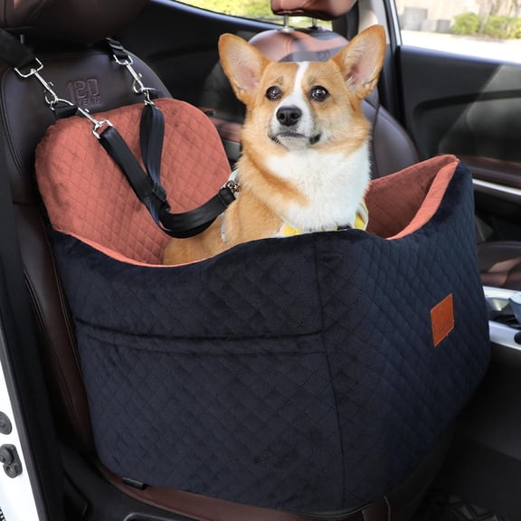 Seat for Small/Medium Dogs,Pet Booster Seat with Harness,Memory and ,Safety Comfy Travel Pets Carrier,Interior Elevate,Washable and Detachable,Storage Pocket.(H-Black/Brown)