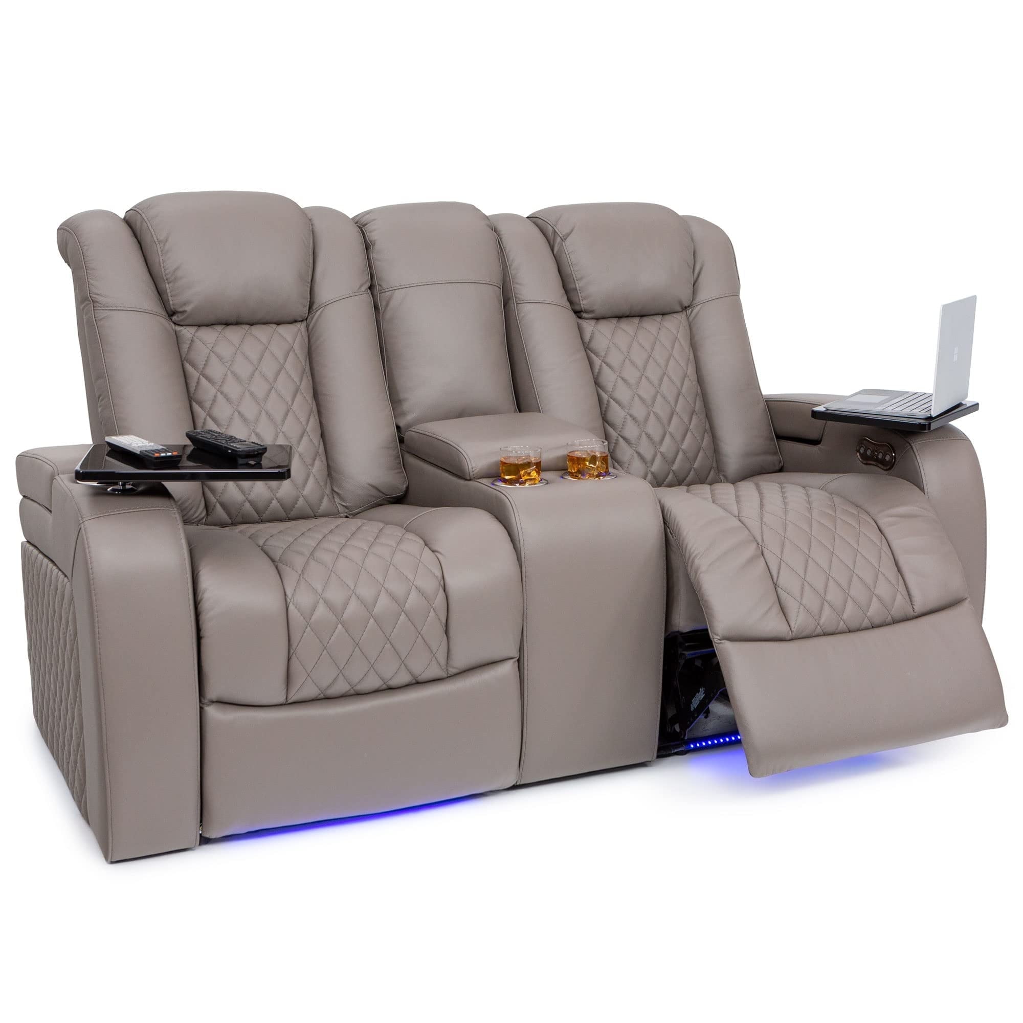 Seatcraft Anthem Home Theater Leather Loveseat Power Reclining 2-Row Seating with Power Headrest, LED lights, Center Table,  Cupholders, AC/USB Outlets, and Hidden Storage in Light Grey