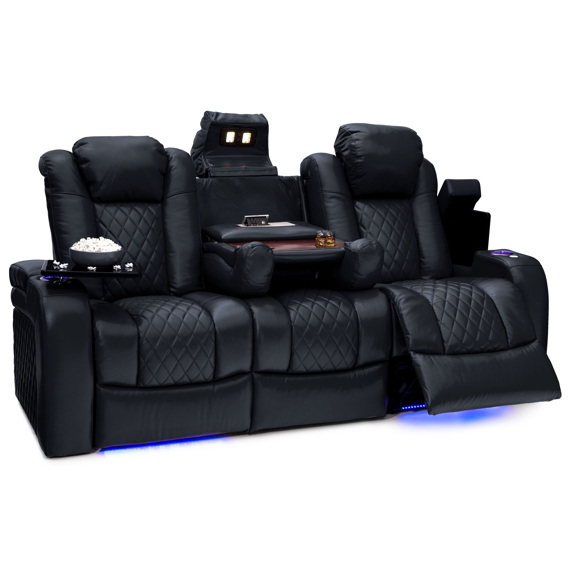 Black Leather Reclining Sofa Set with Cup Holder and Massage