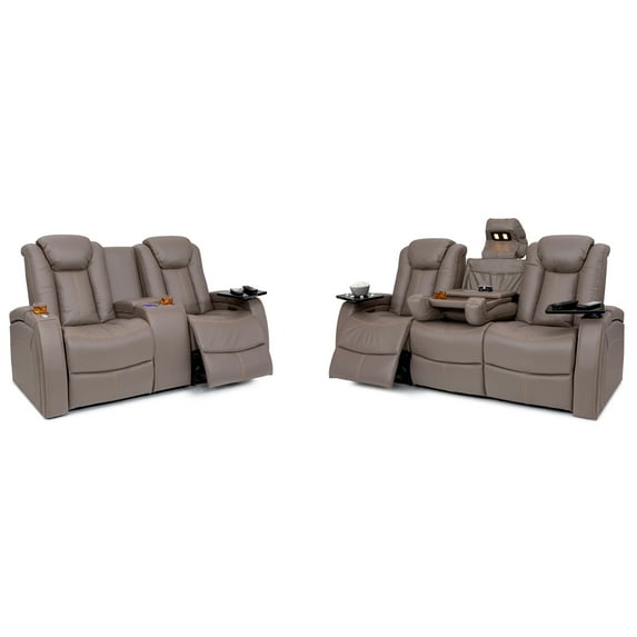 Seatcraft Republic Italian Leather Home Theater Furniture, Living Room, Power Headrest, Power Recline Sofa with Fold-Down Table & Loveseat with Storage Console, Gray