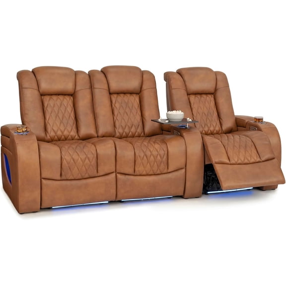 Seatcraft Virtuoso LT Zero-Gravity HeatZero Italian Leather Home Theater Seating, Heat & Massage, Power Headrest, Power Recline, Row of 3 Left Loveseat, Tawny