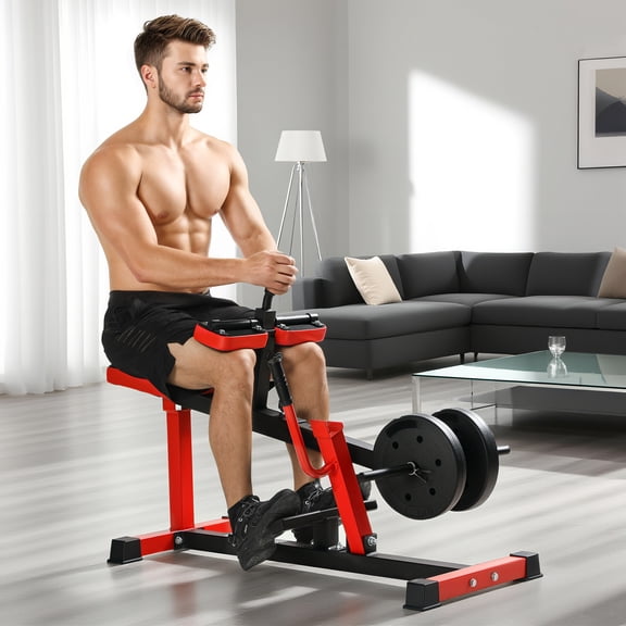 Seated Calf Raise Machine, Adjustable Steel Calf Exercise Equipment for Home Gym, Strength Training Leg Machine with Dual Olympic Weight Posts, Non-Slip Foot Platform, Red