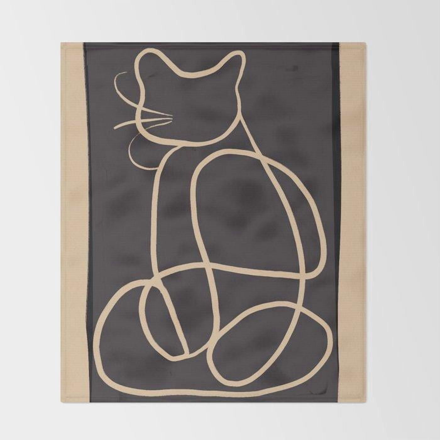 Seated Cat Continuous Line Art Charcoal Gray and Beige Fleece Blanket ...