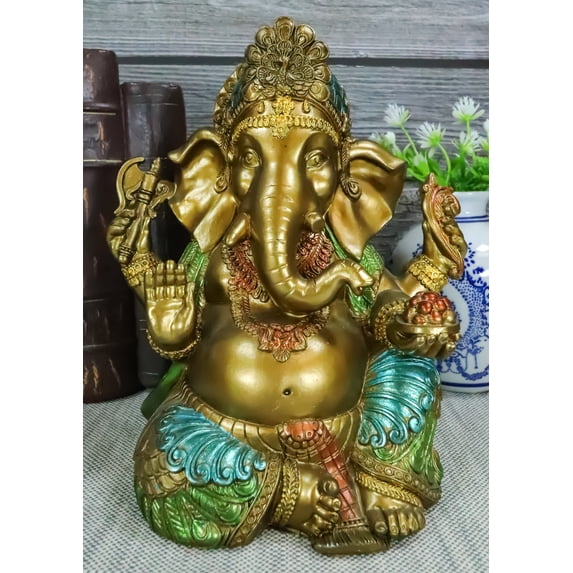 Seated Hindu God Ganesha Ganapati Holding Trident Axe and Modaka Bowl Figurine