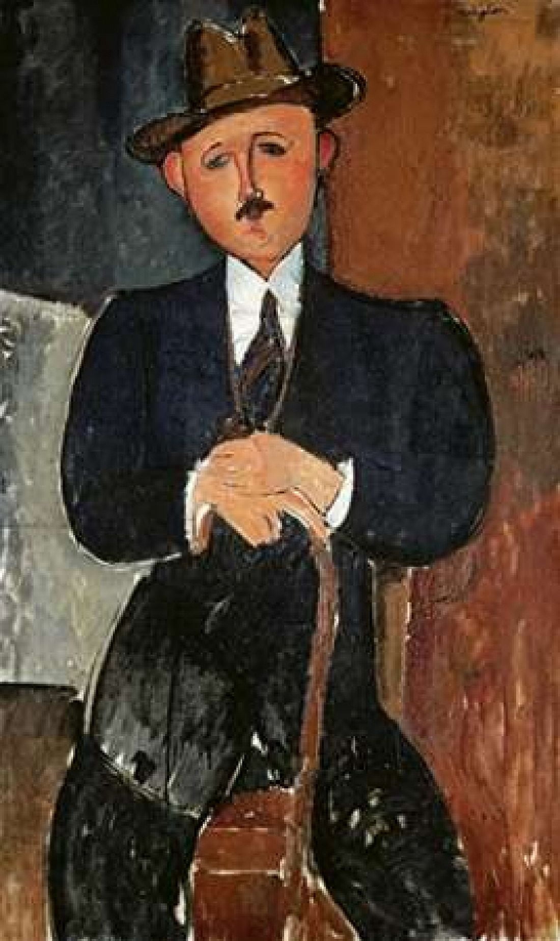 Seated Man - Leaning On a Cane Canvas Art - Amedeo Modigliani (24 x 36)