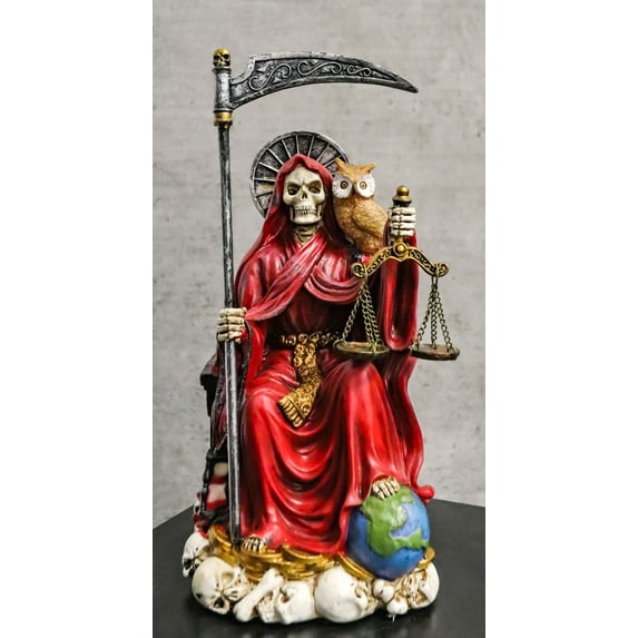 Seated Red Santa Muerte With Scythe Scales of Justice And Wise Owl Figurine 9"H