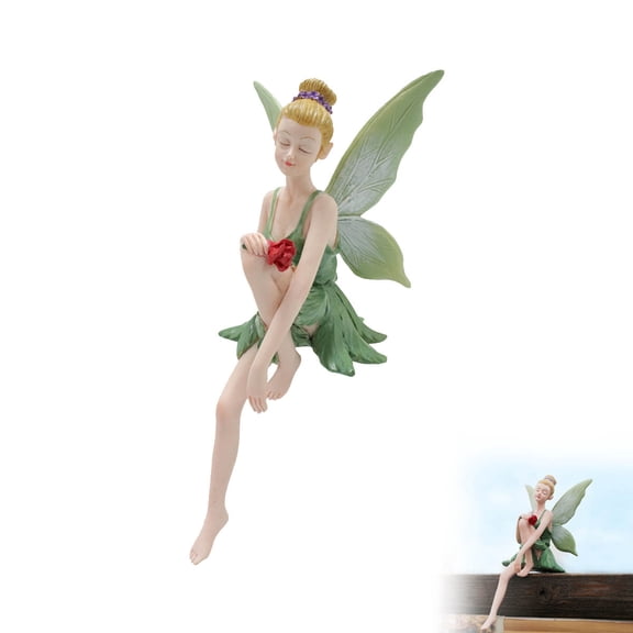 Seated Rose Holding Fairy Resin Figurine, Stable Base Weather Resistant Hand Detailed Sculpture, Whimsical Decorative Statuary for Balcony Plant Pot Shelf Indoor Outdoor Gifting Layout