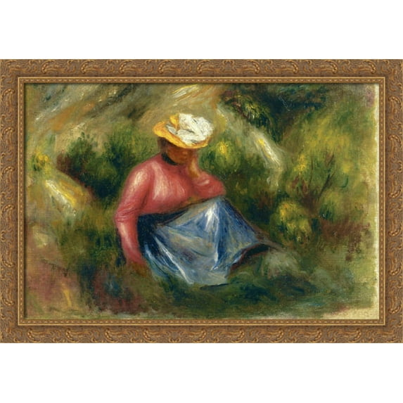 Seated Young Girl with Hat 38x28 Large Gold Ornate Wood Framed Canvas Art by Pierre Auguste Renoir