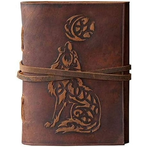 Seather Wolf & Moon Leather Journal – Handmade Embossed Cover, Lock/Strap Closure, 200+ Pages, 7×5″ Refillable Notebook