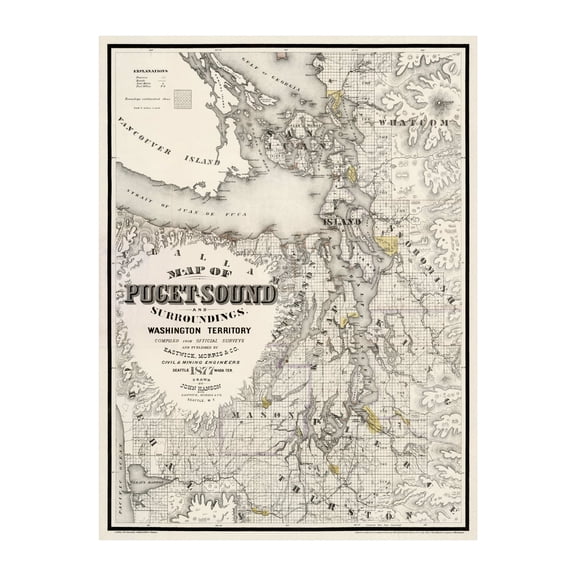 Seattle Art, 1877 Vintage Map of Seattle Washington, WA History Wall Decor Gift, Old Seattle Map - 24" x 36" Unframed Print