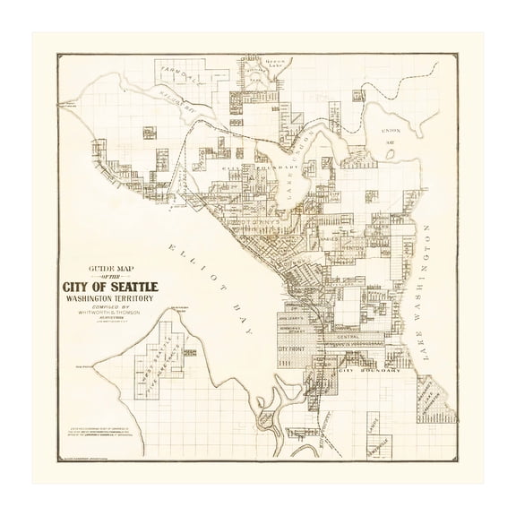 Seattle Art, 1887 Vintage Map of Seattle Washington, WA History Wall Decor Gift, Old Seattle Map - 42" x 42" Unframed Print