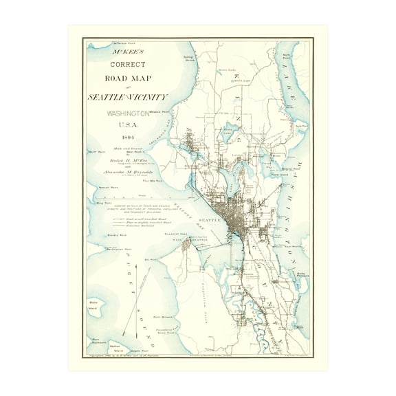 Seattle Art, 1894 Vintage Map of Seattle Washington, WA History Wall Decor Gift, Old Seattle Map - 18" x 24" Unframed Print