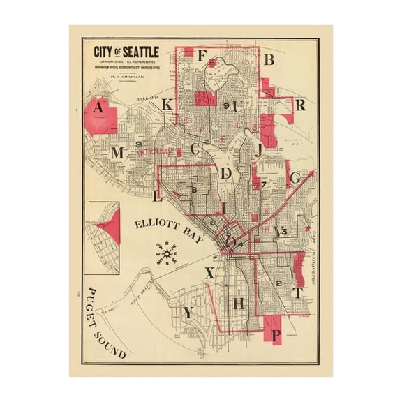 Seattle Art, 1909 Vintage Map of Seattle Washington, WA History Wall Decor Gift, Old Seattle Map - 24" x 36" Unframed Print