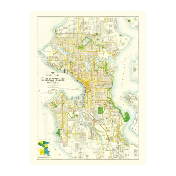 Seattle Art, 1924 Vintage Map of Seattle Washington, WA History Wall Decor Gift, Old Seattle Map - 24" x 36" Unframed Print