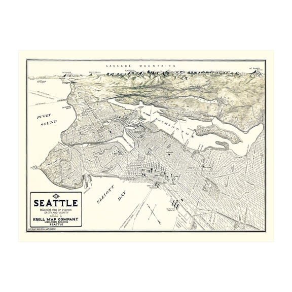 Seattle Art, 1925 Vintage Map of Seattle Washington, WA History Wall Decor Gift, Old Seattle Map - 24" x 18" Unframed Print