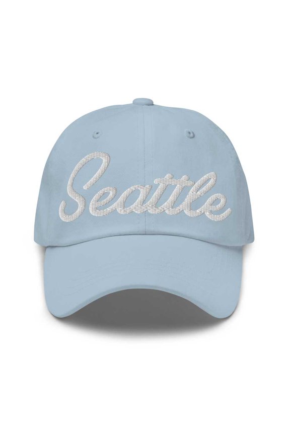 Seattle Baseball Cap Seattle Dad Hat Bold Script California CA Hat Embroidered Souvenir Gift Light Blue