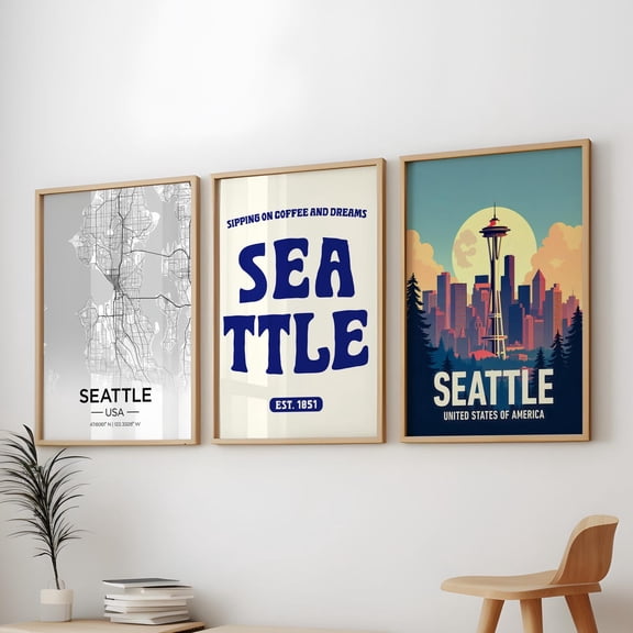 Seattle City Map Skyline Pacific Northwest Decor Wall Art, Poster Only