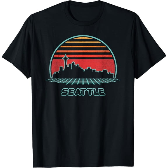 Seattle City Skyline Retro 80s Style Souvenir Gift T-Shirt men and women can wear, black, white, gifts
