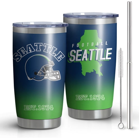 Seattle City Tumblers with Lid and Straws, 20oz Travel Mug Keeps Drinks Cold & Hot Stainless Steel Insulated Cup, Gift for Football Fans