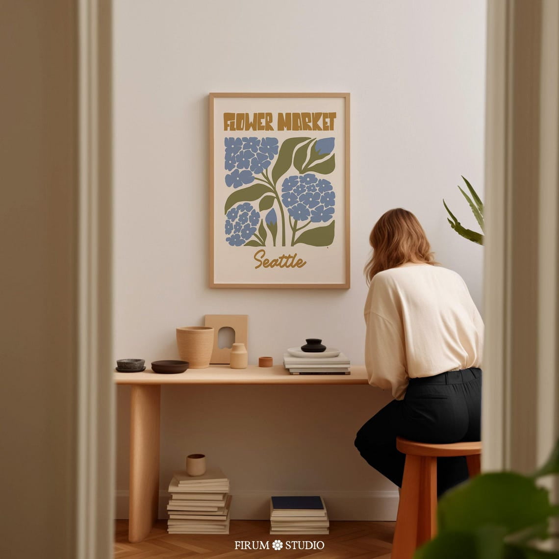 Seattle Flower Market Poster, Hydrangeas, Boho Muted Blue Botanical ...