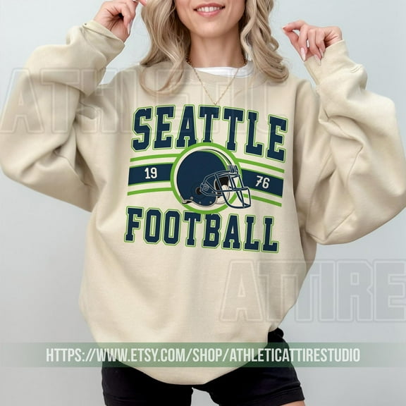 Seattle Football Vintage Sweatshirt, Seahawk Football Crewneck Sweatshirt,Sand Color,Size XL
