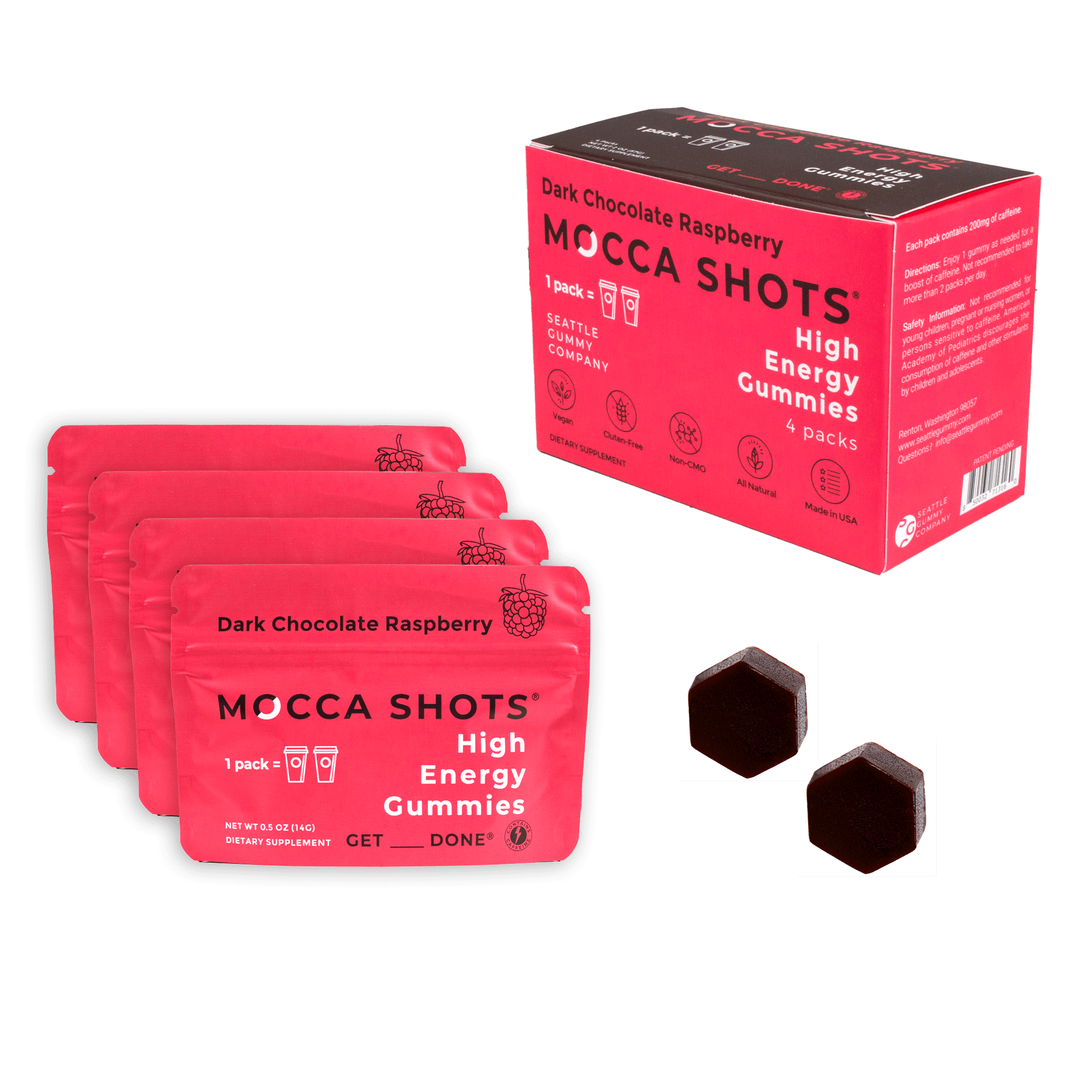 Seattle Gummy Co. Mocca Shots Caffeine Gummies, Dietary Supplement, Dark Chocolate Raspberry, 4 Pack