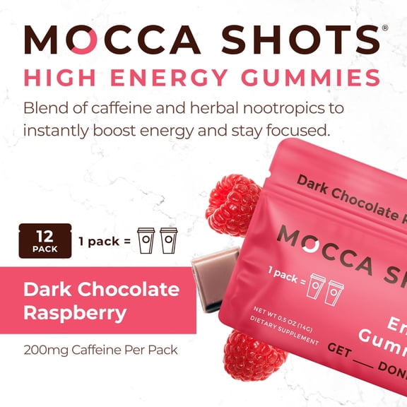 Seattle Gummy Company, Mocca Shots, Caffeine Kick Gummies, 12-Pack, Dark Chocolate Raspberry