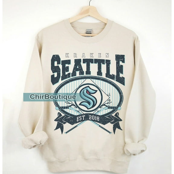 Seattle Hockey Vintage 90s Sweatshirt, Kraken Hockey Sweatshirt, Jersey Hockey Retro Gift For Christmas ,Sand Color,Size L