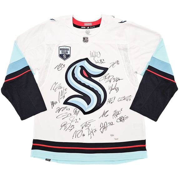 Seattle Kraken Inaugural Season Team Signed Autographed White Adidas Jersey Size 54 With 24 Signatures Including Jordan Eberle, Jared McCann & Yanni Gourde #/50 Fanatics Holo 215412