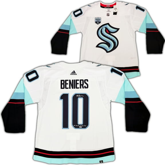 Seattle Kraken Matty Beniers Autographed White Adidas Authentic Jersey Size 54 With Inaugural Patch "1st Kraken Draft Pick" Fanatics Holo 206010