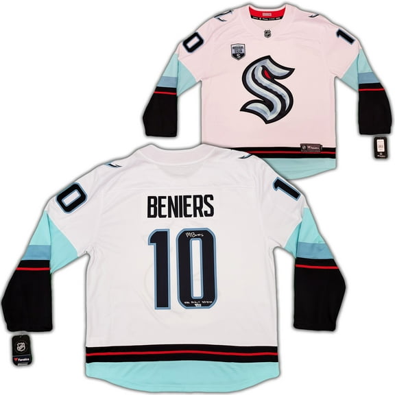 Seattle Kraken Matty Beniers Autographed White Fanatics Jersey Size XL With Inaugural Patch "NHL Debut" Fanatics Holo 206008
