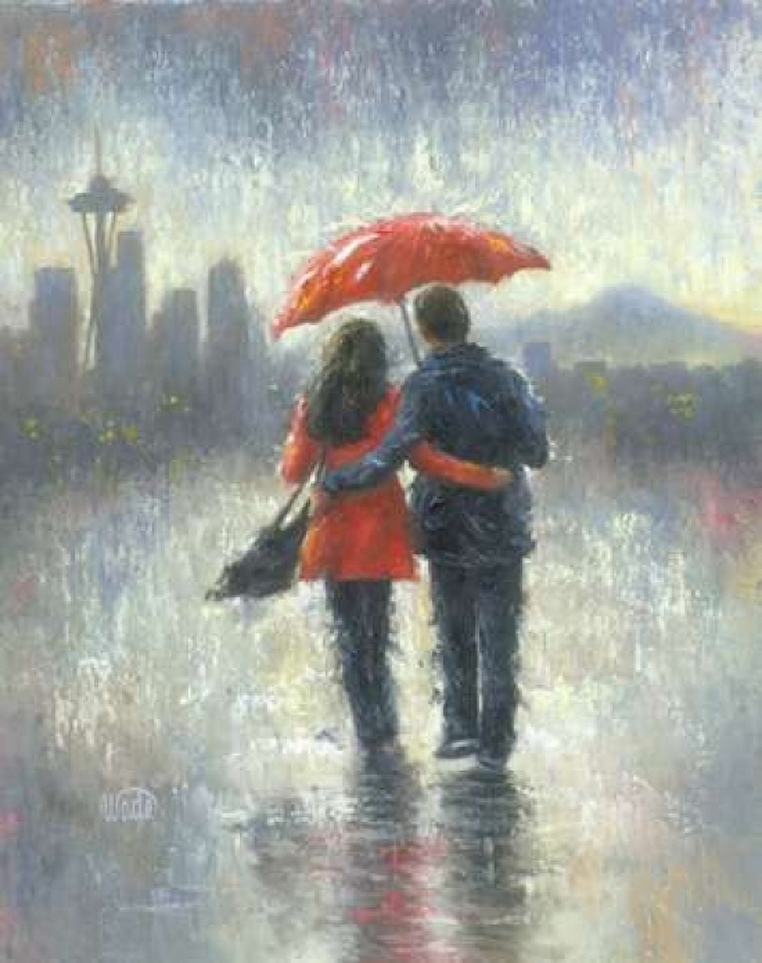 Seattle Lovers in the Rain Canvas Art - Vicki Wade (22 x 28)