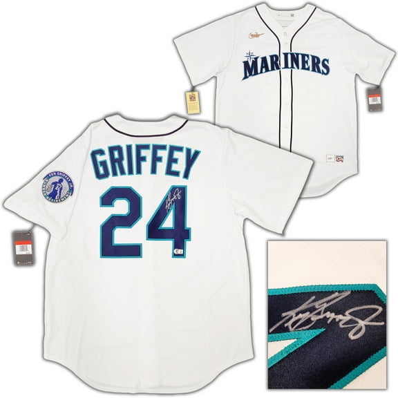 Seattle Mariners Ken Griffey Jr. Autographed White Nike Cooperstown Edition Jersey Retirement Patch Size L Beckett BAS QR 206019