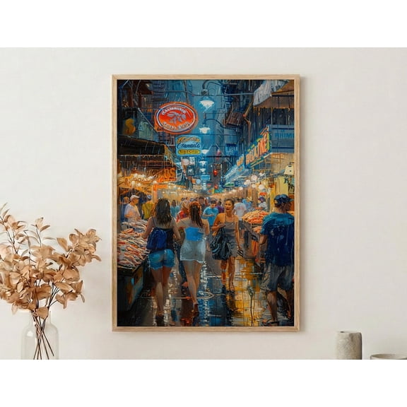 Seattle Pike Place Market Washington City Travel Decor Glowing Neon Summer Sign, Unframed Poster