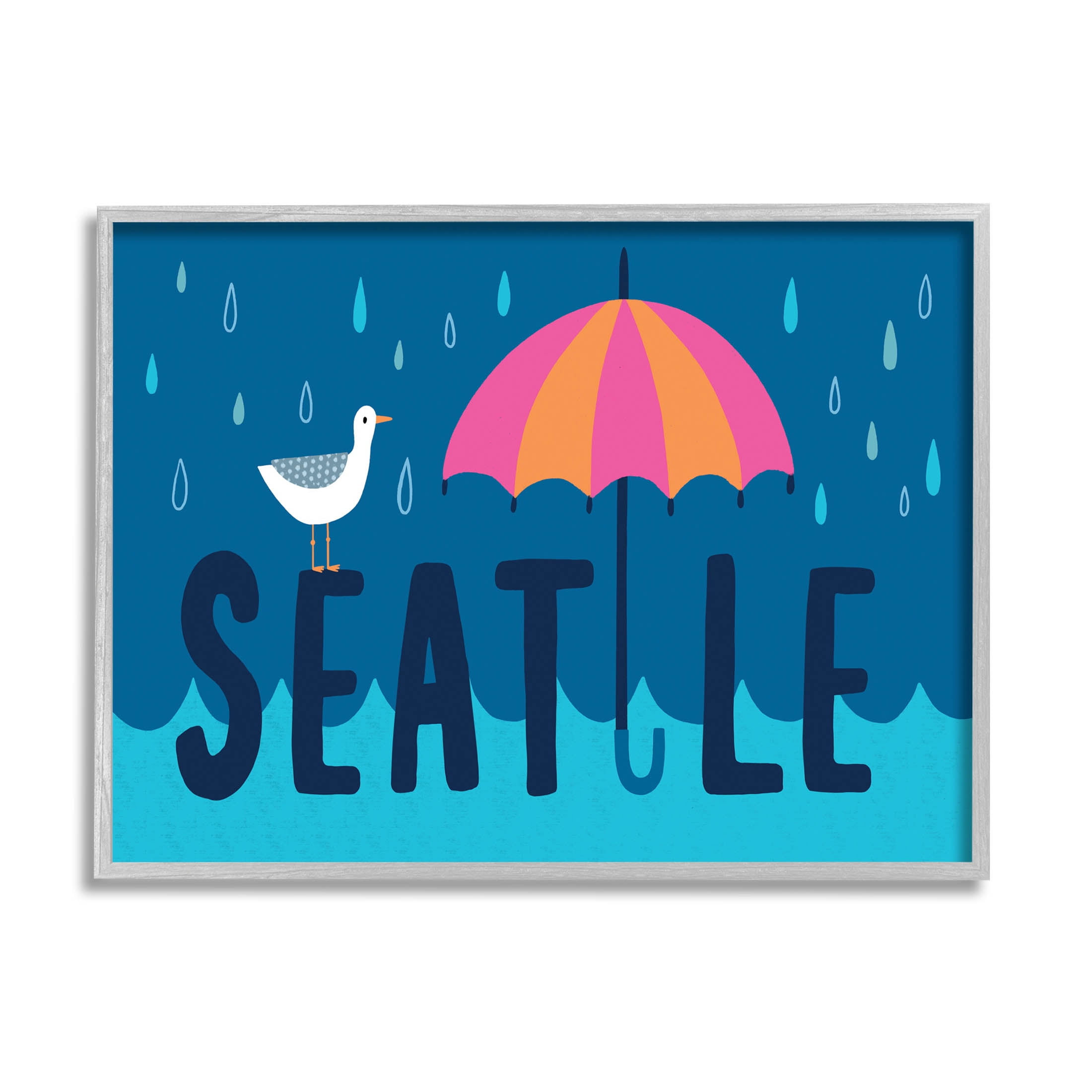 Seattle Raindrops Falling Seagull Animals & Insects Graphic Art Gray Framed Art Print Wall Art