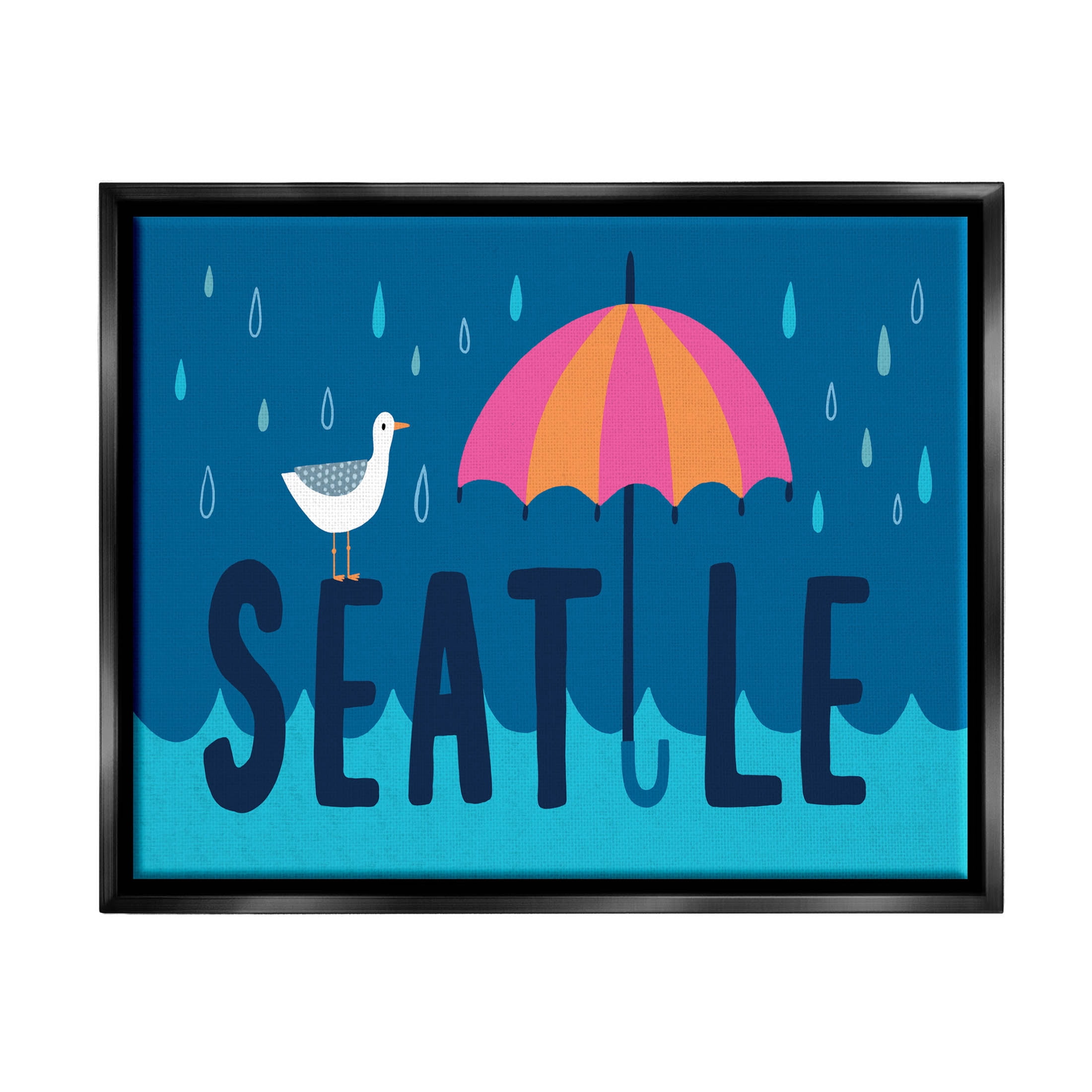 Seattle Raindrops Falling Seagull Animals & Insects Graphic Art Jet Black Framed Art Print Wall Art