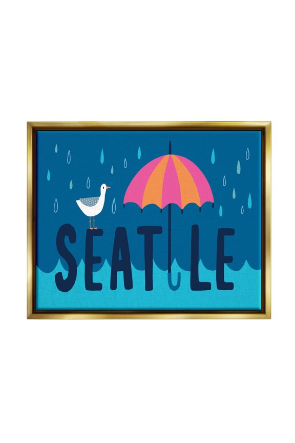 Seattle Raindrops Falling Seagull Animals & Insects Graphic Art Metallic Gold Framed Art Print Wall Art