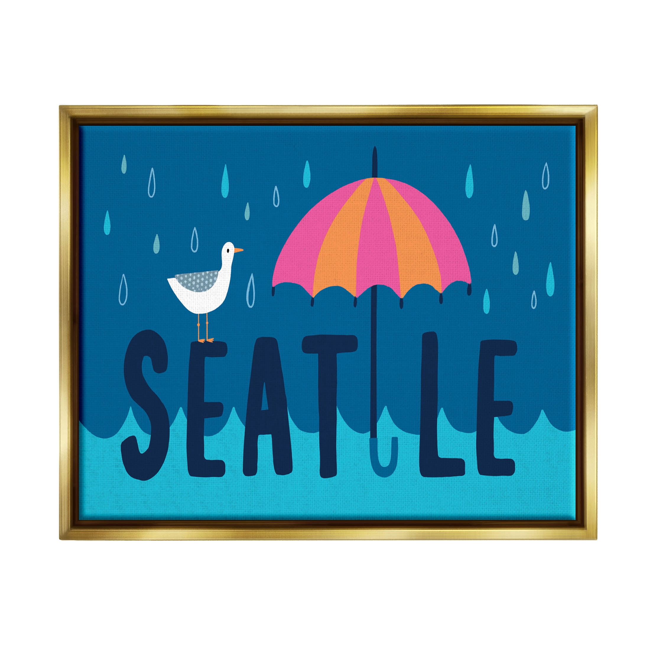 Seattle Raindrops Falling Seagull Animals & Insects Graphic Art Metallic Gold Framed Art Print Wall Art