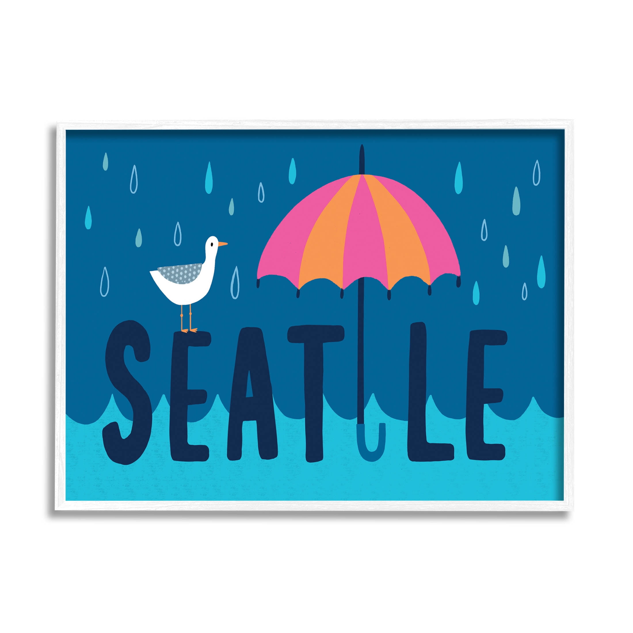 Seattle Raindrops Falling Seagull Animals & Insects Graphic Art White Framed Art Print Wall Art