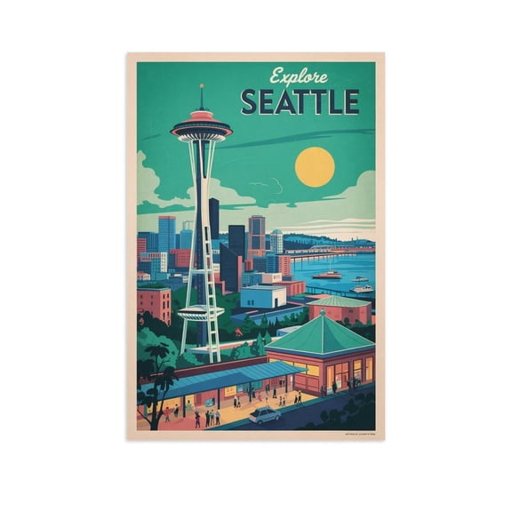 Seattle Retro Travel Poster Vintage U.S. City Tourism with Space Needle & Waterfront Canvas Poster