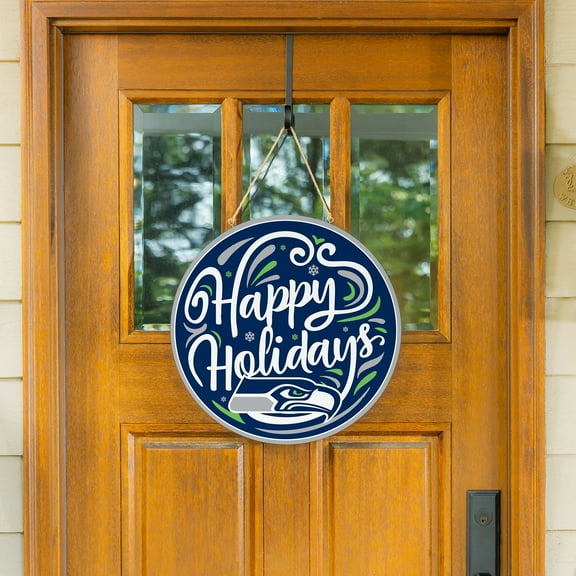 Seattle Seahawks 18" Happy Holidays Wooden Round Door Sign