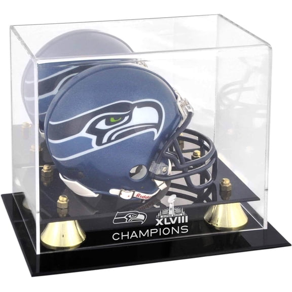 Seattle Seahawks Super Bowl XLVIII Champions Golden Classic Mini Helmet Logo Display Case