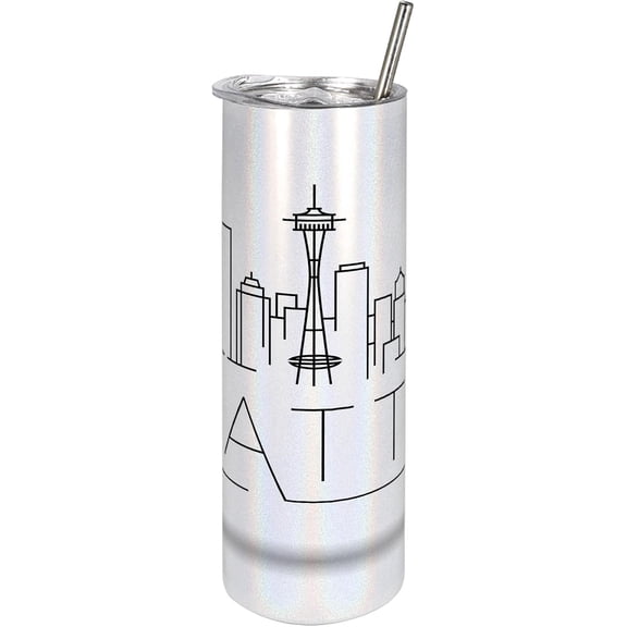 Seattle Skyline 20 Oz Skinny Tumbler, Drawing of Buildings and the Needle Space Lettering, Leak-Proof Straw Lid and Brush Vacuum Insulated for Outdoor Use, Charcoal Grey White